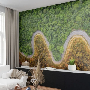 Fototapete Premium Sand - Eine Vogelperspektive auf eine kurvenreiche Straße durch einen grünen und goldenen Wald - 100x70cm - Grenzen und Durchbrüche - Moderne Wanddekoration für Wohnzimmer und Schlafzimmer ARTTOR