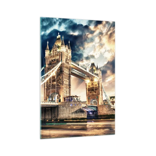 Glasbild - Bild auf glas - Tower Bridge in der Abenddämmerung vor einem dynamischen Himmel - 70x100cm - Denkmal des viktorianischen Imperiums - Moderne Wanddekoration für Wohnzimmer und Schlafzimmer ARTTOR