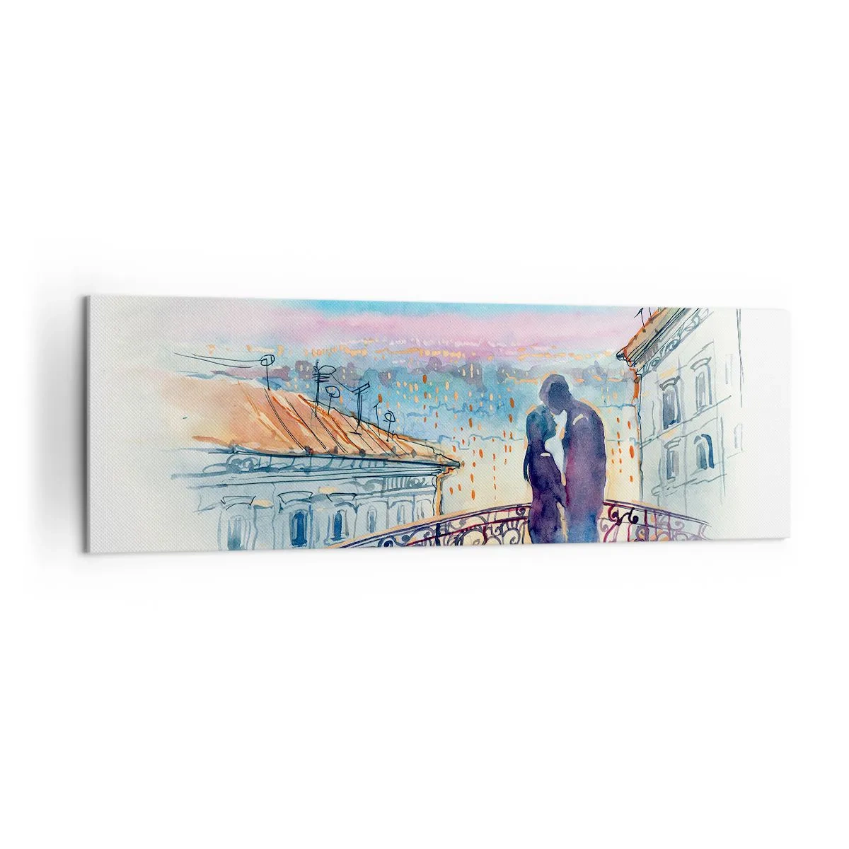Bild auf Leinwand - Leinwandbild - Romantisches Paar auf einem Balkon mit Blick auf die Stadt - 160x50cm - Paris-Liebhaber - Moderne Wanddekoration für Wohnzimmer und Schlafzimmer ARTTOR
