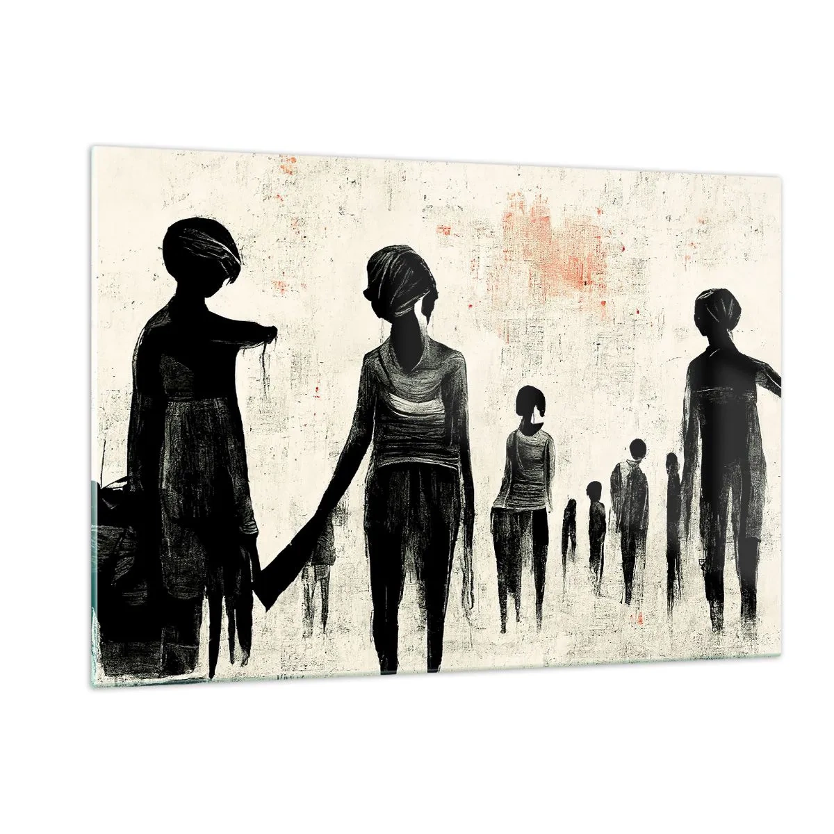 Glasbild - Bild auf glas - Schwarze Figuren in Bewegung auf hellem Hintergrund mit roter Textur - 120x80cm - Gegen die Einsamkeit - Moderne Wanddekoration für Wohnzimmer und Schlafzimmer ARTTOR