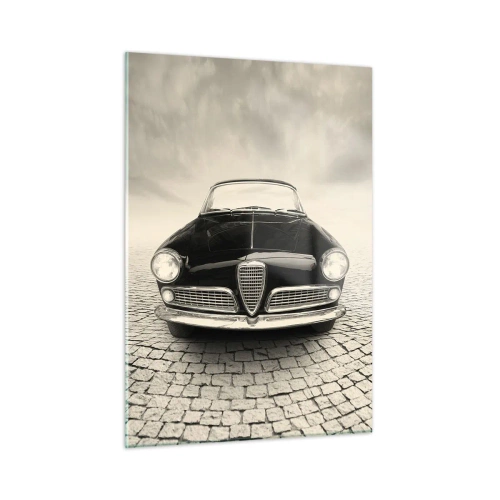 Glasbild - Bild auf glas - Oldtimer auf Kopfsteinpflasterstraße in Schwarz und Weiß - 50x70cm - Man muss mich einfach lieben - Moderne Wanddekoration für Wohnzimmer und Schlafzimmer ARTTOR