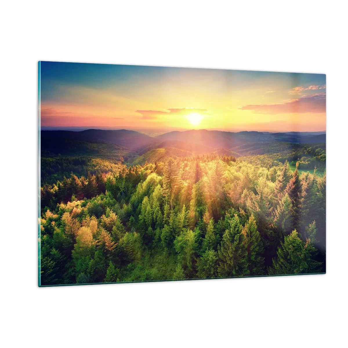 Glasbild - Bild auf glas - Sonnenuntergang über einem Bergwald mit Blick auf die Täler - 120x80cm - Scheitelpunkte und Spitzen - Moderne Wanddekoration für Wohnzimmer und Schlafzimmer ARTTOR