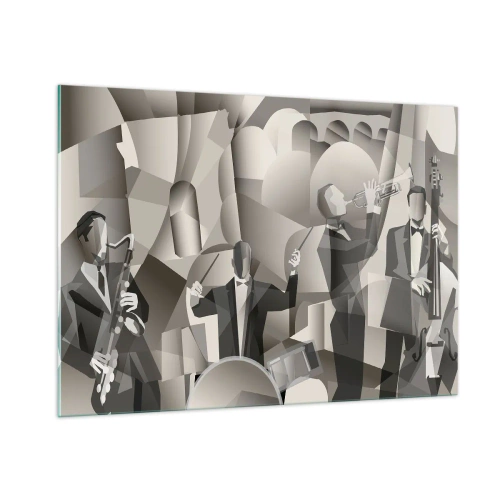 Glasbild - Bild auf glas - Stilisierte Jazzband-Bühne in monochromen Tönen - 100x70cm - Im Raum der Klänge - Moderne Wanddekoration für Wohnzimmer und Schlafzimmer ARTTOR