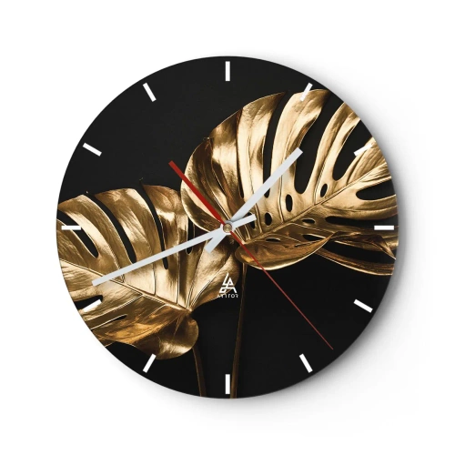 Wanduhr - Glasuhr - Goldene Monstera-Blätter auf schwarzem Hintergrund in einer eleganten Komposition - 30x30cm - Die Schätze der Natur - Moderne Wanddekoration für Wohnzimmer, Küche und Schlafzimmer ARTTOR