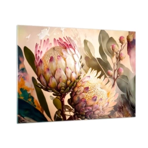 Glasbild - Bild auf glas - Protea-Blüten in warmen Tönen und sanftem Licht - 100x70cm - Zärtlich umarmt - Moderne Wanddekoration für Wohnzimmer und Schlafzimmer ARTTOR