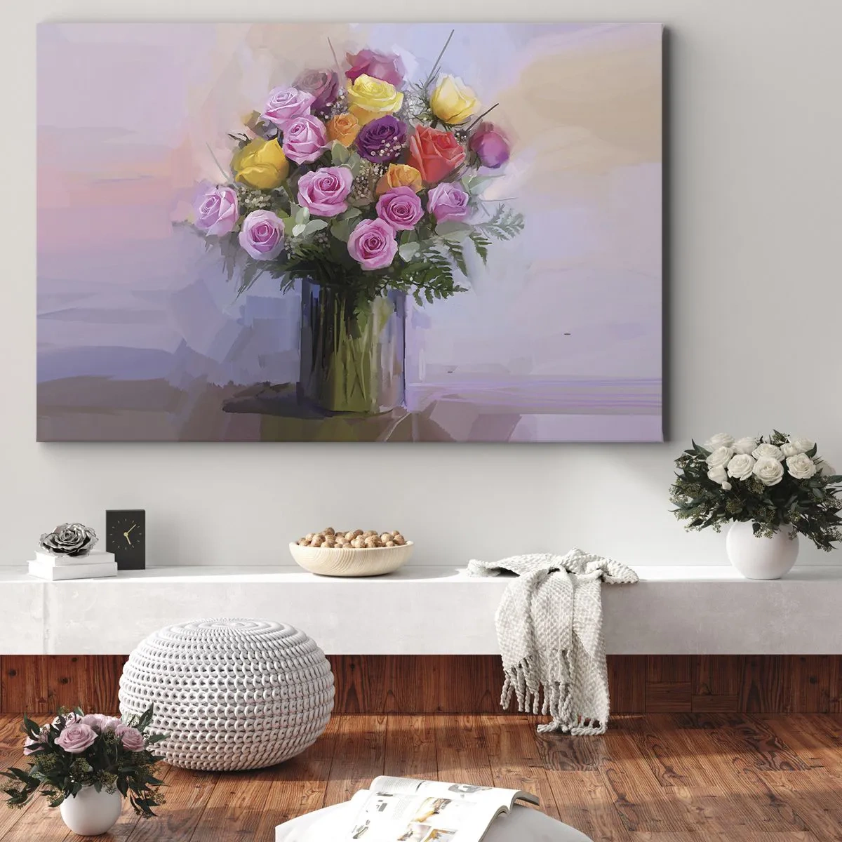 Bild auf Leinwand - Leinwandbild - Ein Strauß bunter Rosen in einer Glasvase - 120x80cm - Festgehaltene Schönheit - Moderne Wanddekoration für Wohnzimmer und Schlafzimmer ARTTOR