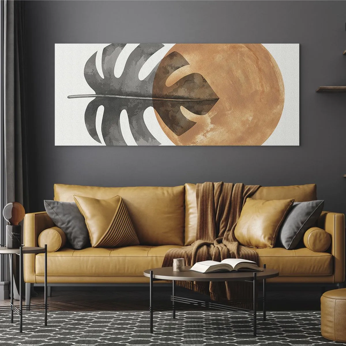 Glasbild - Bild auf glas - Monstera-Blatt und goldener Kreis auf hellem Hintergrund - 160x50cm - Immer die Sonne - Moderne Wanddekoration für Wohnzimmer und Schlafzimmer ARTTOR