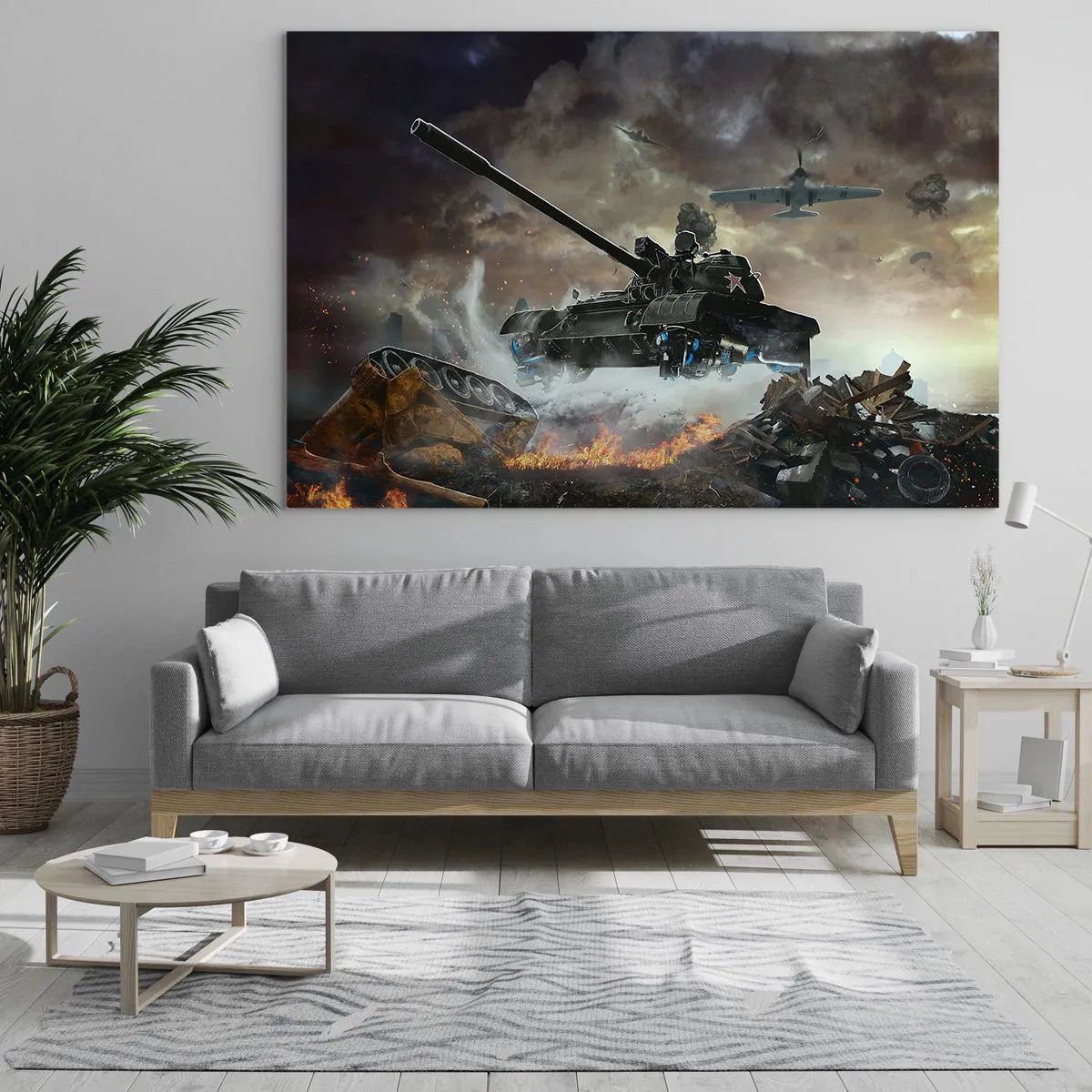 Glasbild - Bild auf glas - Ein Panzer im Einsatz vor der Kulisse eines dramatischen Schlachtfeldes. - 70x50cm - Der Kampf ist schrecklich und schön - Moderne Wanddekoration für Wohnzimmer und Schlafzimmer ARTTOR