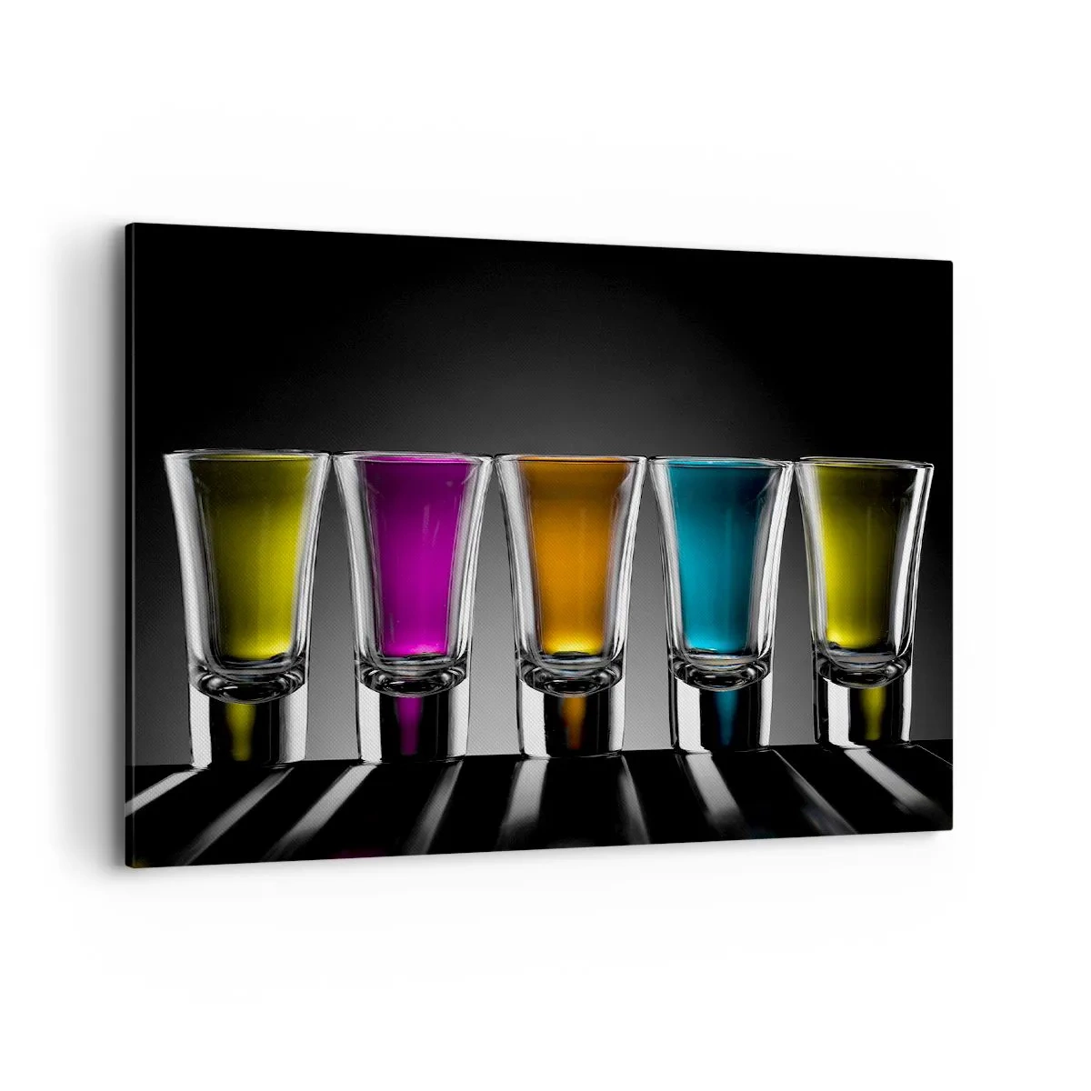 Bild auf Leinwand - Leinwandbild - Bunte Gläser auf schwarzem Hintergrund - 100x70cm - Die Farben der Freude - Moderne Wanddekoration für Wohnzimmer und Schlafzimmer ARTTOR