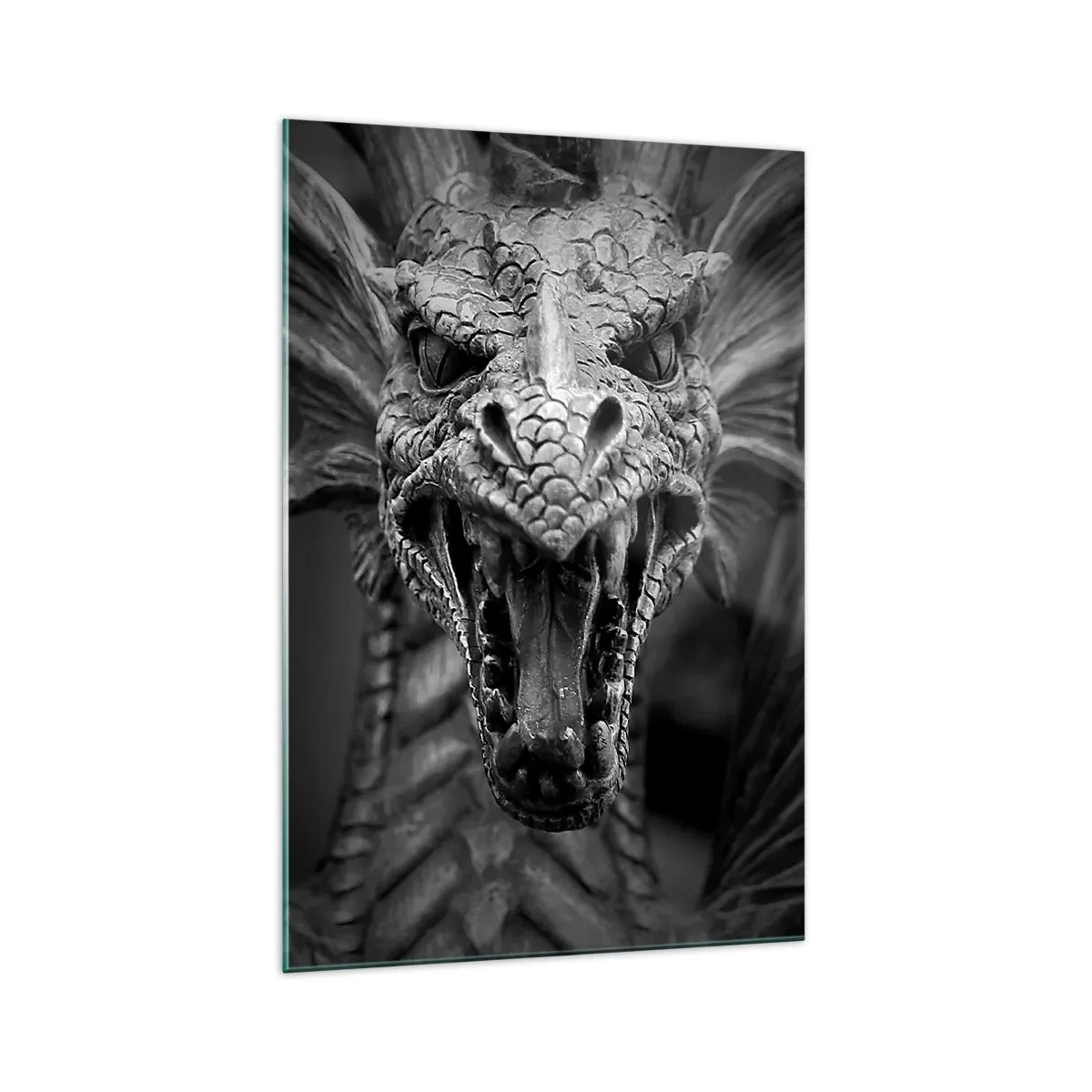Glasbild - Bild auf glas - Ein bedrohlicher Drachenkopf in Schwarz-Weiß mit ausdrucksstarken Details. - 70x100cm - Ein märchenhafter Drache in Grau - Moderne Wanddekoration für Wohnzimmer und Schlafzimmer ARTTOR