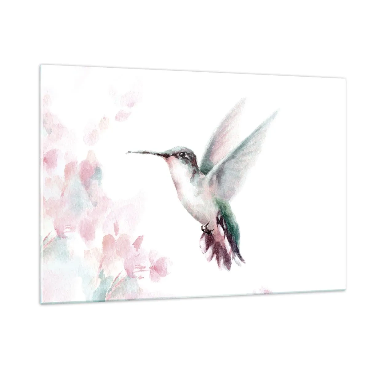 Glasbild - Bild auf glas - Bunter Kolibri in zartem Aquarell - 120x80cm - Im Flattern gehalten - Moderne Wanddekoration für Wohnzimmer und Schlafzimmer ARTTOR