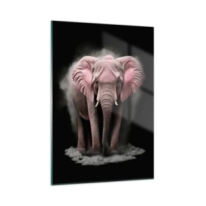Glasbild - Bild auf glas - Ein rosa Elefant auf schwarzem Hintergrund, umgeben von einer Staubwolke. - 50x70cm - Denke nicht an einen rosa Elefanten! - Moderne Wanddekoration für Wohnzimmer und Schlafzimmer ARTTOR