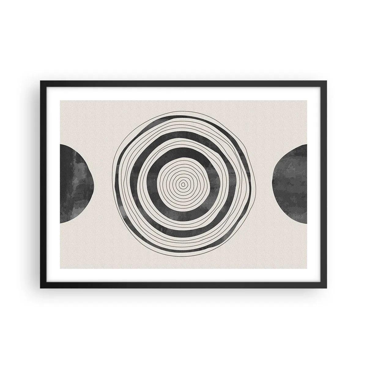 Poster in einem schwarzem Rahmen - Minimalistische schwarz-weiße Kreise auf hellem Hintergrund - 70x50cm - Wichtig ist, was dazwischen liegt - Moderne Wanddekoration für Wohnzimmer und Schlafzimmer ARTTOR
