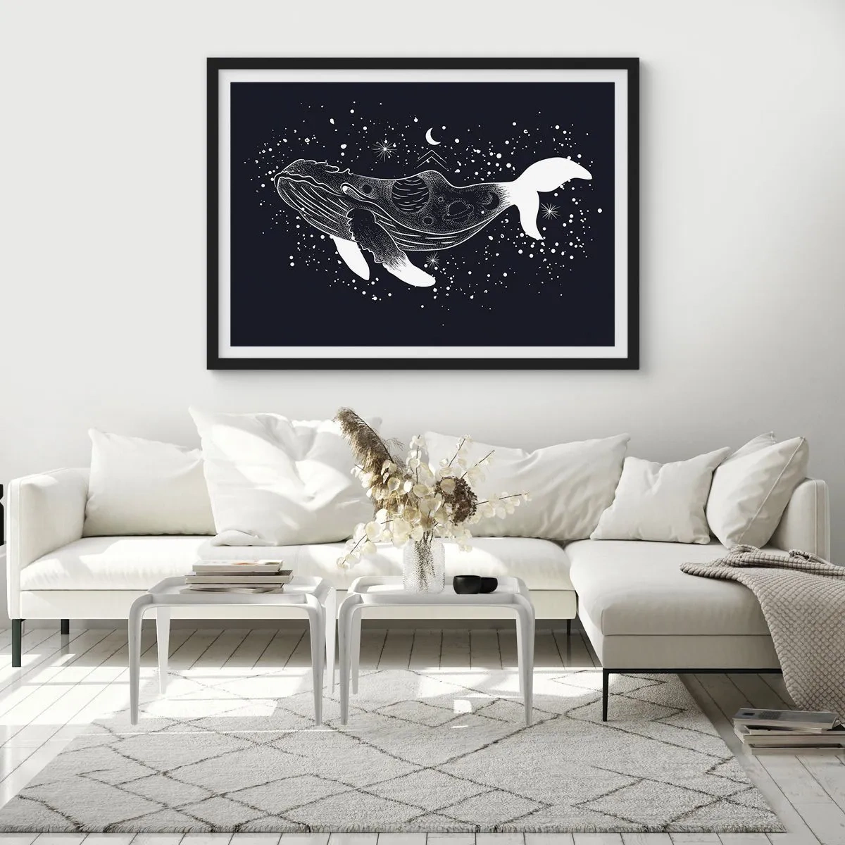 Poster in einem schwarzem Rahmen - Eine grafische Illustration eines Wals im Space-Age-Stil. - 100x70cm - Im Ozean des Universums - Moderne Wanddekoration für Wohnzimmer und Schlafzimmer ARTTOR