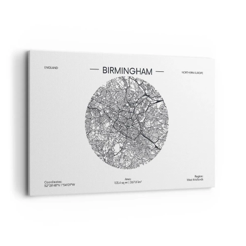 Bild auf Leinwand - Leinwandbild - Eine minimalistische Schwarzweißkarte von Birmingham mit präzisen Details. - 120x80cm - Anatomie von Birmingham - Moderne Wanddekoration für Wohnzimmer und Schlafzimmer ARTTOR