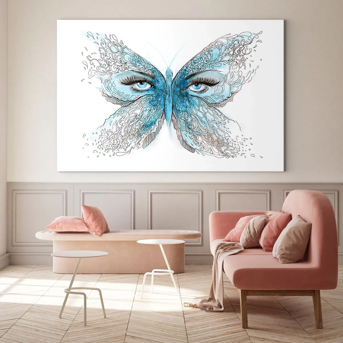 Glasbild - Bild auf glas - Ein Schmetterling mit blauen Flügeln und menschlichen Augen im künstlerischen Stil. - 100x70cm - Eros Blaumeise - Moderne Wanddekoration für Wohnzimmer und Schlafzimmer ARTTOR