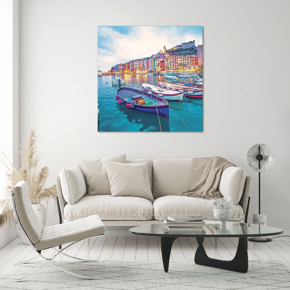 Glasbild - Bild auf glas - Bunter Abend im Hafen - 30x30 cm