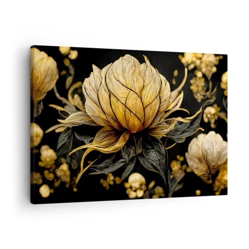 Bild auf Leinwand - Leinwandbild - Goldene Blume auf dunklem Hintergrund - 70x50cm - Subtile Zerbrechlichkeit - Moderne Wanddekoration für Wohnzimmer und Schlafzimmer ARTTOR