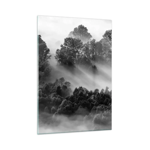 Glasbild - Bild auf glas - Nebliger Wald im Sonnenlicht in Schwarz und Weiß - 50x70cm - Aufstehend aus dem Schlaf - Moderne Wanddekoration für Wohnzimmer und Schlafzimmer ARTTOR