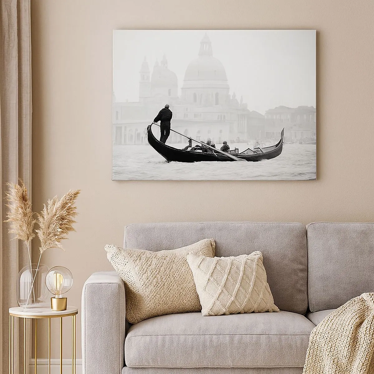 Bild auf Leinwand - Leinwandbild - Eine Gondel mit der Basilika im Hintergrund in Schwarzweiß - 70x50cm - Reise zu den Quellen der Schönheit - Moderne Wanddekoration für Wohnzimmer und Schlafzimmer ARTTOR