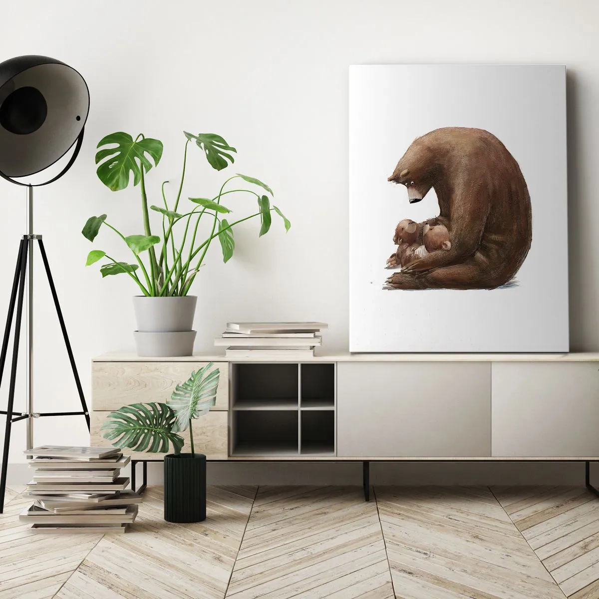 Bild auf Leinwand - Leinwandbild - Eine Bärenmutter mit zwei kleinen Bären im Arm - 70x100cm - Süße Träume, Kinder - Moderne Wanddekoration für Wohnzimmer und Schlafzimmer ARTTOR