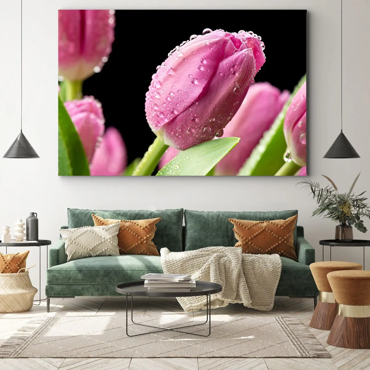 Bild auf Leinwand - Leinwandbild - Rosa Tulpe mit Wassertropfen auf schwarzem Hintergrund - 70x50cm - Lila Traum im Tau - Moderne Wanddekoration für Wohnzimmer und Schlafzimmer ARTTOR