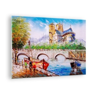 Glasbild - Bild auf glas - Brücke und Boote vor der Kulisse der historischen Kathedrale - 70x50cm - Ihre Zeit vergeht nie - Moderne Wanddekoration für Wohnzimmer und Schlafzimmer ARTTOR