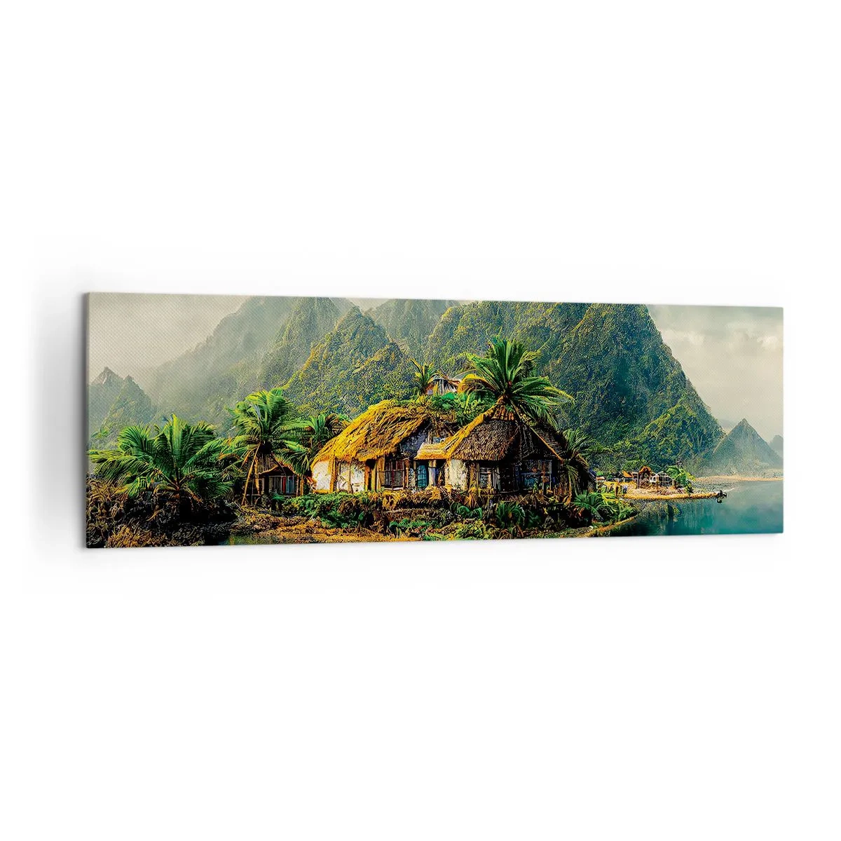 Bild auf Leinwand - Leinwandbild - Eine tropische Insel mit Palmen und Bergen im Hintergrund - 160x50cm - Tropisches Paradies - Moderne Wanddekoration für Wohnzimmer und Schlafzimmer ARTTOR