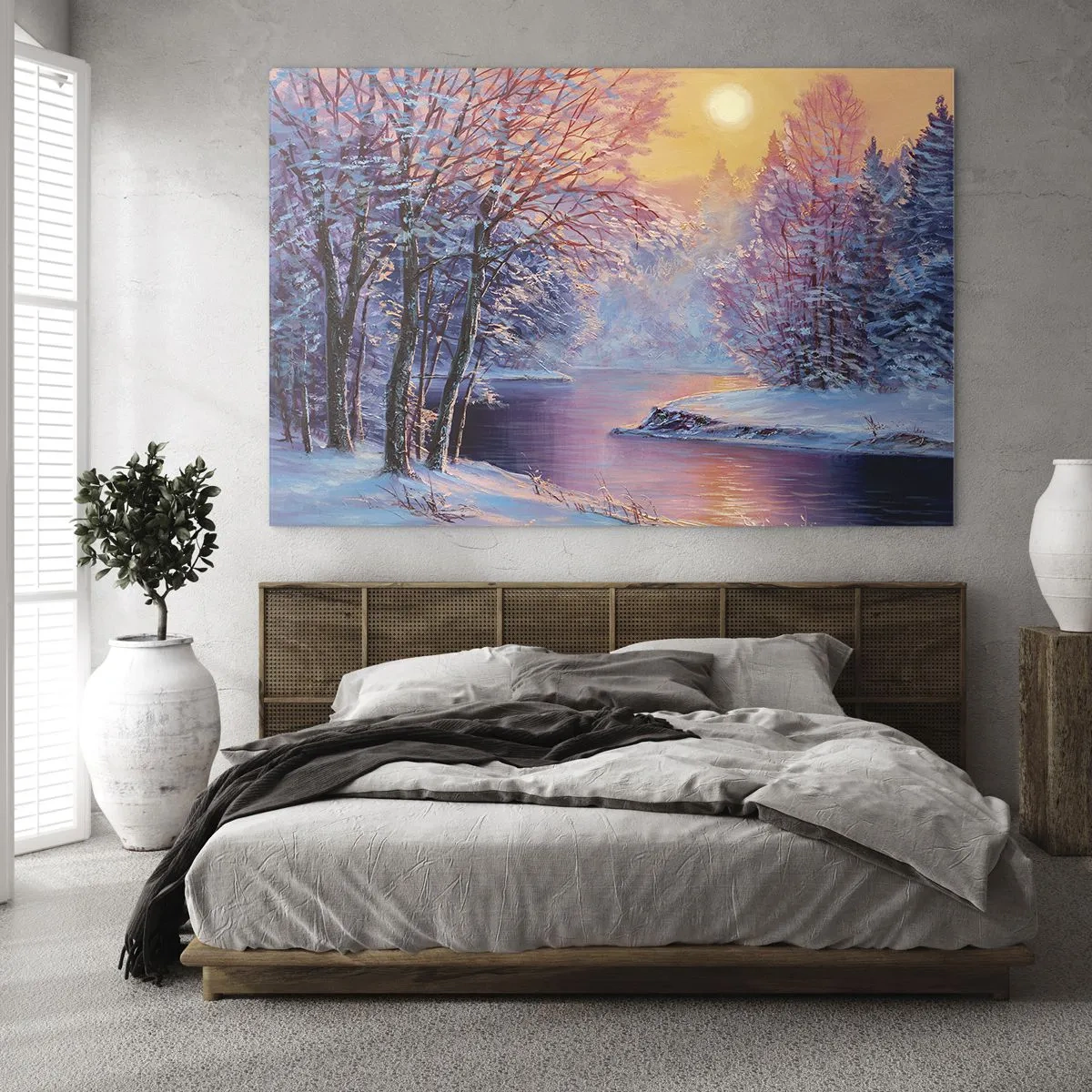 Glasbild - Bild auf glas - Winterlandschaft mit Fluss und Sonnenuntergang - 70x50cm - Die Farben des Winters - Moderne Wanddekoration für Wohnzimmer und Schlafzimmer ARTTOR