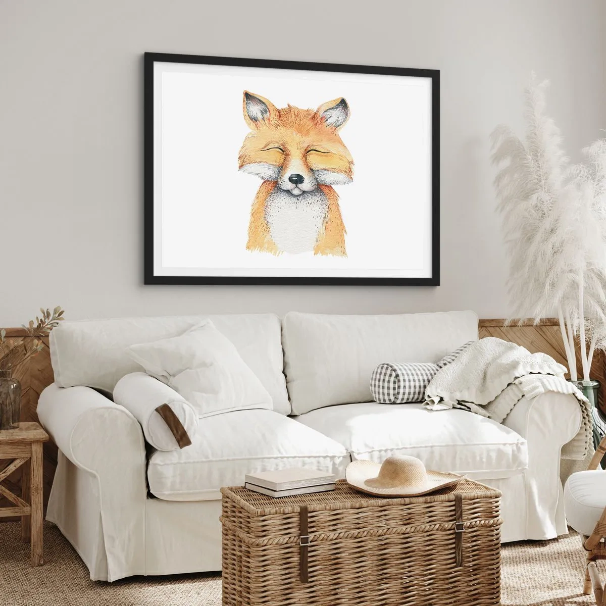 Poster in einem schwarzem Rahmen - Ein Aquarellfuchs mit einem Lächeln im minimalistischen Stil - 100x70cm - Fuchsstimmungen - Moderne Wanddekoration für Wohnzimmer und Schlafzimmer ARTTOR
