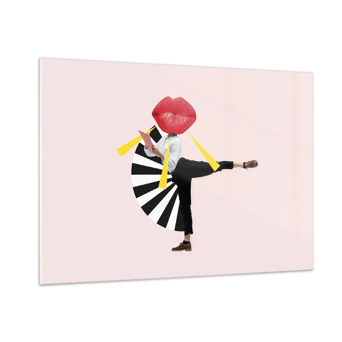 Glasbild - Bild auf glas - Eine surreale Pop-Art-Komposition mit einer Figur mit großem Mund vor einem rosa Hintergrund. - 100x70cm - Surreale Pop-Art - Moderne Wanddekoration für Wohnzimmer und Schlafzimmer ARTTOR