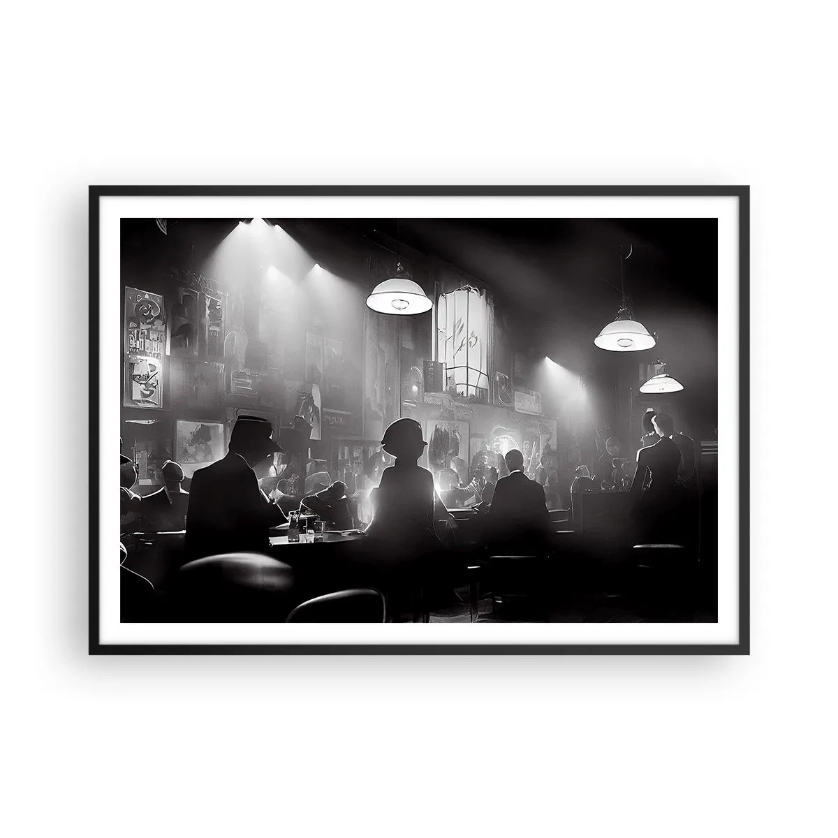 Poster in einem schwarzem Rahmen - Schwarz-weiße Jazz-Nachtclubszene - 100x70cm - In Jazz-Atmosphäre - Moderne Wanddekoration für Wohnzimmer und Schlafzimmer ARTTOR