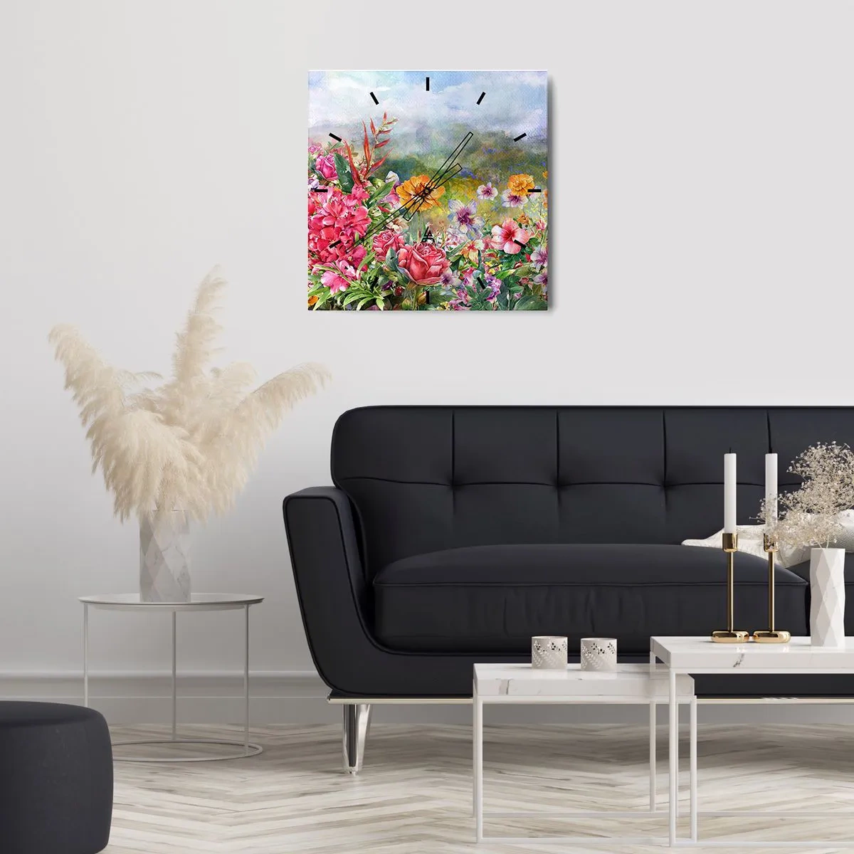 Wanduhr - Glasuhr - Eine farbenfrohe Blumenkomposition vor einem pastellfarbenen Landschaftshintergrund - 30x30cm - Ein Garten, der verrückt geworden ist - Moderne Wanddekoration für Wohnzimmer und Schlafzimmer ARTTOR