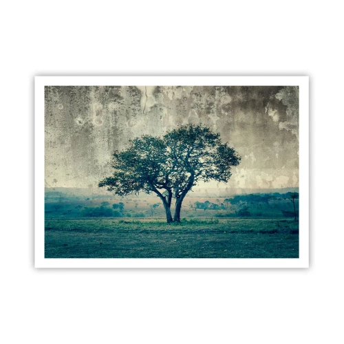 Poster - Ein einsamer Baum vor einer nebligen Landschaft - 100x70cm - Ein Apfelbaum auf blauem Feld? - Moderne Wanddekoration für Wohnzimmer und Schlafzimmer ARTTOR