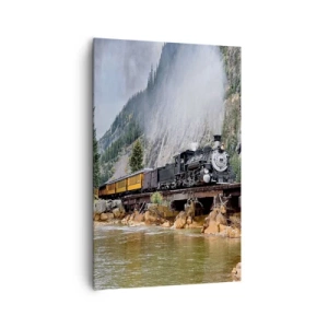 Bild auf Leinwand - Leinwandbild - Eine Dampflokomotive auf einer Brücke in einer malerischen Berglandschaft - 80x120cm - Wo willst du hin? Wohin? - Moderne Wanddekoration für Wohnzimmer und Schlafzimmer ARTTOR