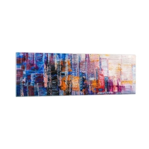 Glasbild - Bild auf glas - Ein farbenfrohes Panorama der Stadt mit Spiegelungen auf dem Wasser - 160x50cm - Fröhliche Metropole - Moderne Wanddekoration für Wohnzimmer und Schlafzimmer ARTTOR