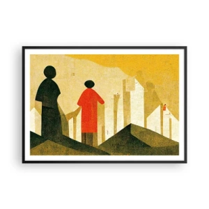 Poster in einem schwarzem Rahmen - Geometrische Silhouetten in Rot und Grün auf gelbem Hintergrund - 100x70cm - Es ist noch ein langer Weg - Moderne Wanddekoration für Wohnzimmer und Schlafzimmer ARTTOR
