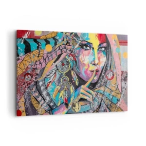 Bild auf Leinwand - Leinwandbild - Buntes weibliches Gesicht im künstlerischen Stil - 120x80cm - Sei still, bis du verstehst - Moderne Wanddekoration für Wohnzimmer und Schlafzimmer ARTTOR
