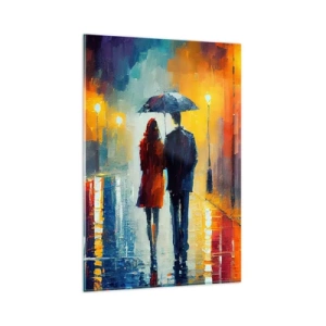 Glasbild - Bild auf glas - Ein Paar unter einem Regenschirm, das durch eine farbenfrohe Nachtstadt spaziert - 80x120cm - Gemeinsam – eine bunte Nacht - Moderne Wanddekoration für Wohnzimmer und Schlafzimmer ARTTOR
