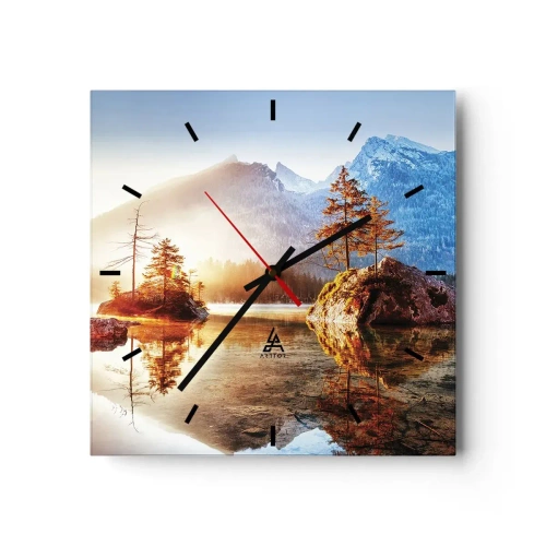 Wanduhr - Glasuhr - Ein See mit Inseln und Bergen im Hintergrund bei Sonnenaufgang - 30x30cm - Natur in neuem Licht - Moderne Wanddekoration für Wohnzimmer und Schlafzimmer ARTTOR