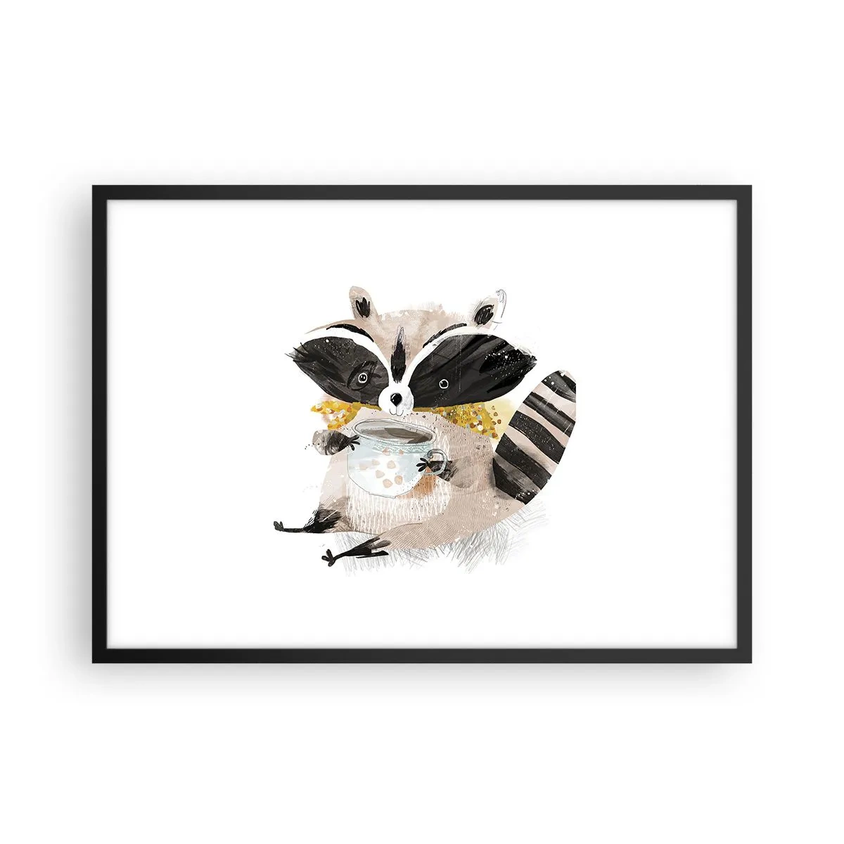 Poster in einem schwarzem Rahmen - Entzückender Waschbär mit einer pastellfarbenen Tasse - 70x50cm - Mein Freund der Waschbär - Moderne Wanddekoration für Wohnzimmer und Schlafzimmer ARTTOR