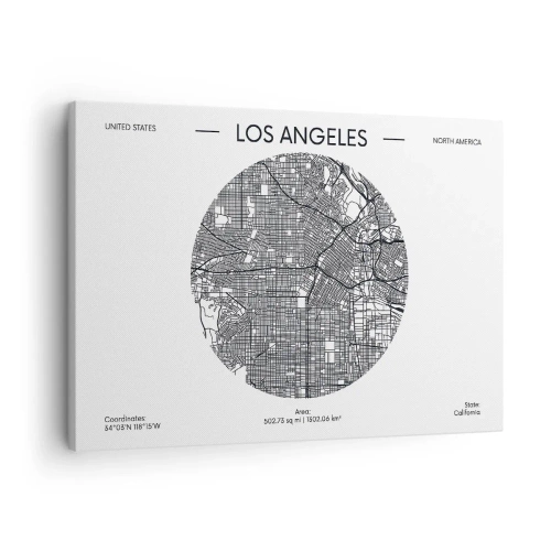 Bild auf Leinwand - Leinwandbild - Eine Karte von Los Angeles im minimalistischen Schwarz-Weiß-Stil - 70x50cm - Anatomie von Los Angeles - Moderne Wanddekoration für Wohnzimmer und Schlafzimmer ARTTOR