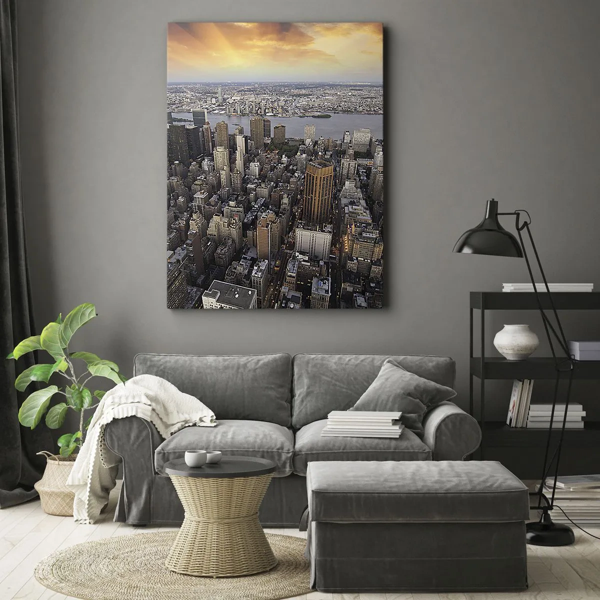 Bild auf Leinwand - Leinwandbild - Blick auf die Metropole mit der untergehenden Sonne - 80x120cm - Das schlagende Herz unserer Zeit - Moderne Wanddekoration für Wohnzimmer und Schlafzimmer ARTTOR