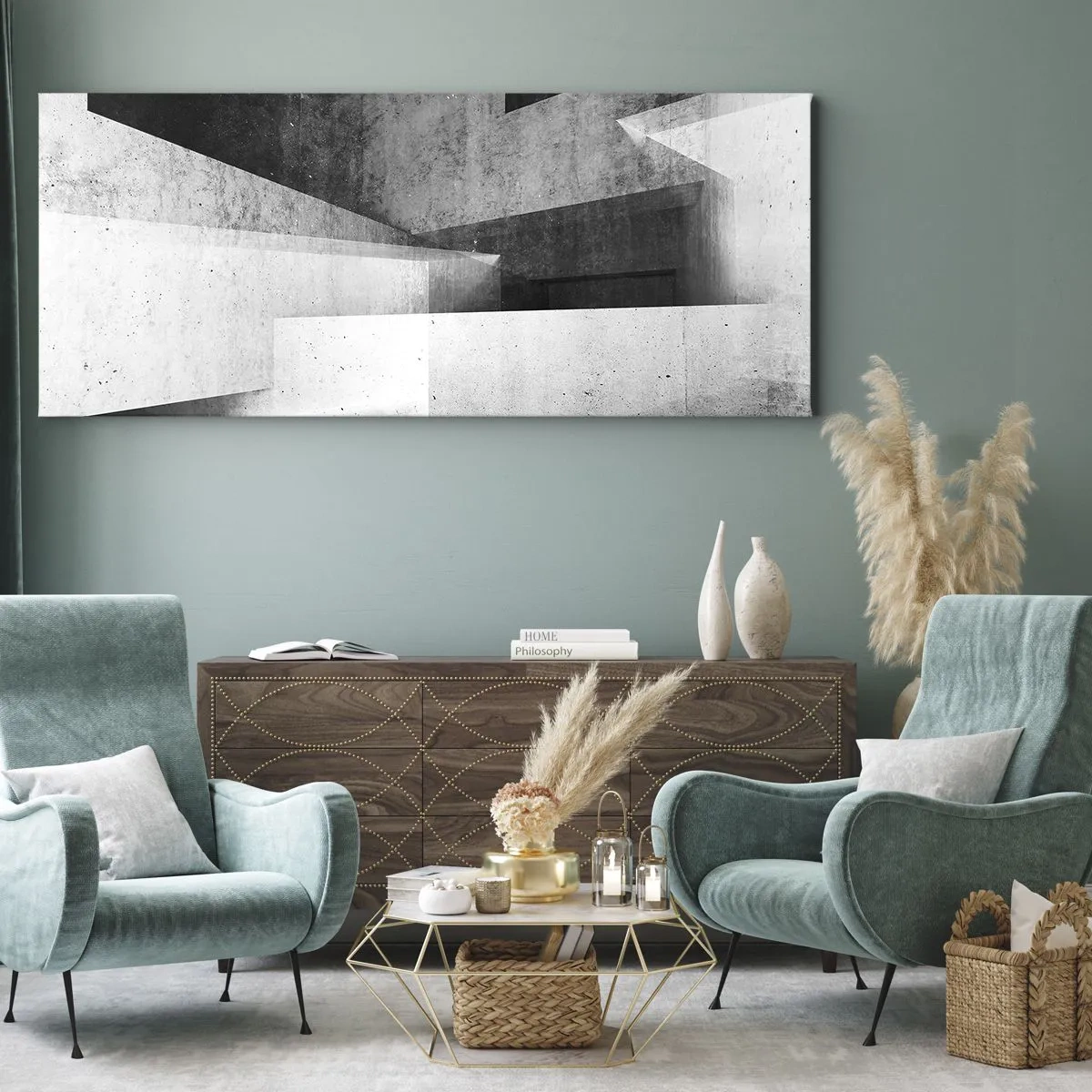Bild auf Leinwand - Leinwandbild - Geometrische Formen in einer monochromen Komposition - 160x50cm - Die Raumstruktur - Moderne Wanddekoration für Wohnzimmer und Schlafzimmer ARTTOR