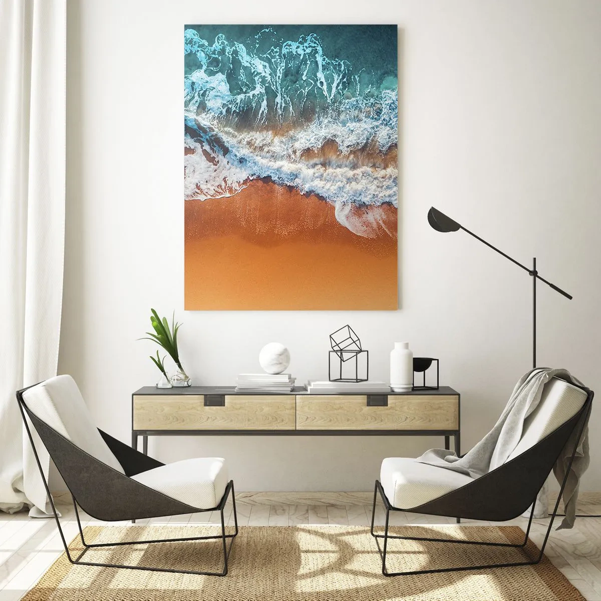Glasbild - Bild auf glas - Eine Vogelperspektive auf die Meereswellen, die gegen die Küste schlagen - 50x70cm - Immer Hand in Hand - Moderne Wanddekoration für Wohnzimmer und Schlafzimmer ARTTOR