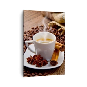 Bild auf Leinwand - Leinwandbild - Eine Tasse Kaffee mit Zimt und Anis auf einem Hintergrund aus Kaffeebohnen - 70x100cm - Würziger Geschmack und Aroma - Moderne Wanddekoration für Wohnzimmer und Schlafzimmer ARTTOR