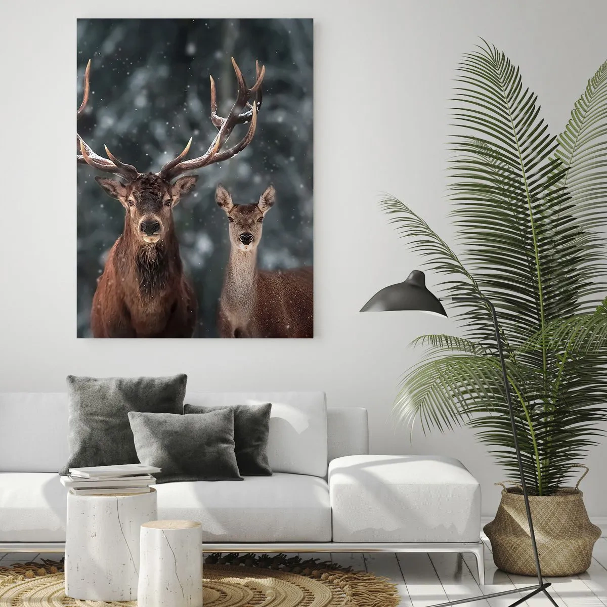 Glasbild - Bild auf glas - Ein Hirsch und eine Hirschkuh in einem schneebedeckten Winterwald - 50x70cm - Herr des Waldes mit seiner Frau - Moderne Wanddekoration für Wohnzimmer und Schlafzimmer ARTTOR