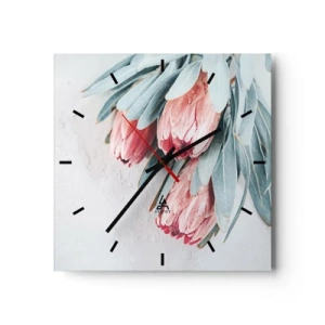 Wanduhr - Glasuhr - Dezente rosa Protea-Blüten auf hellem Hintergrund - 30x30cm - Schämen sich für ihre eigene Schönheit - Moderne Wanddekoration für Wohnzimmer und Schlafzimmer ARTTOR