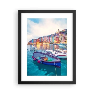 Poster in einem schwarzem Rahmen - Bunter Abend im Hafen - 30x40 cm