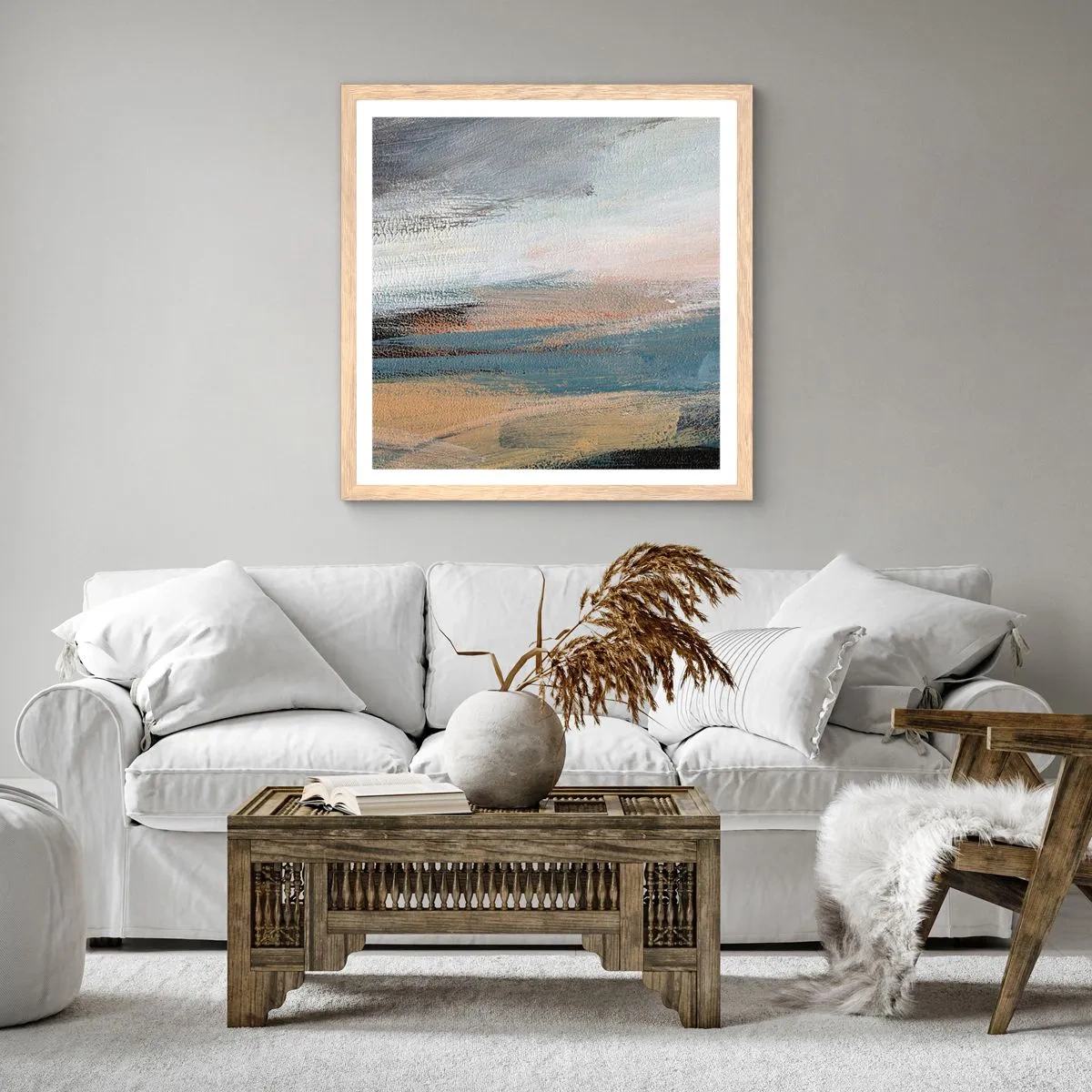 Poster in einem Rahmen aus heller Eiche - Abstraktion: nördliche Landschaft - 50x50 cm